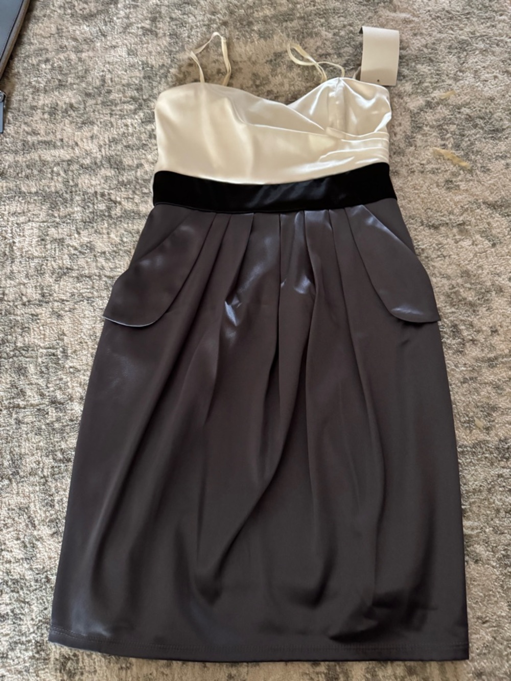 Ruby Rox Ivory Satin Cocktail Dress with Black Waistband